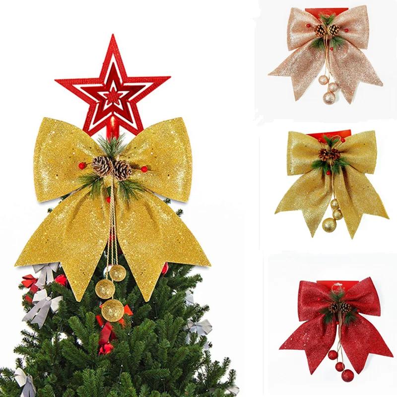 Large Red Sparkling Gold Ribbon for Christmas Tree Decoration, Pine Cone Decoration, Handmade Christmas Bow, Christmas Ornament