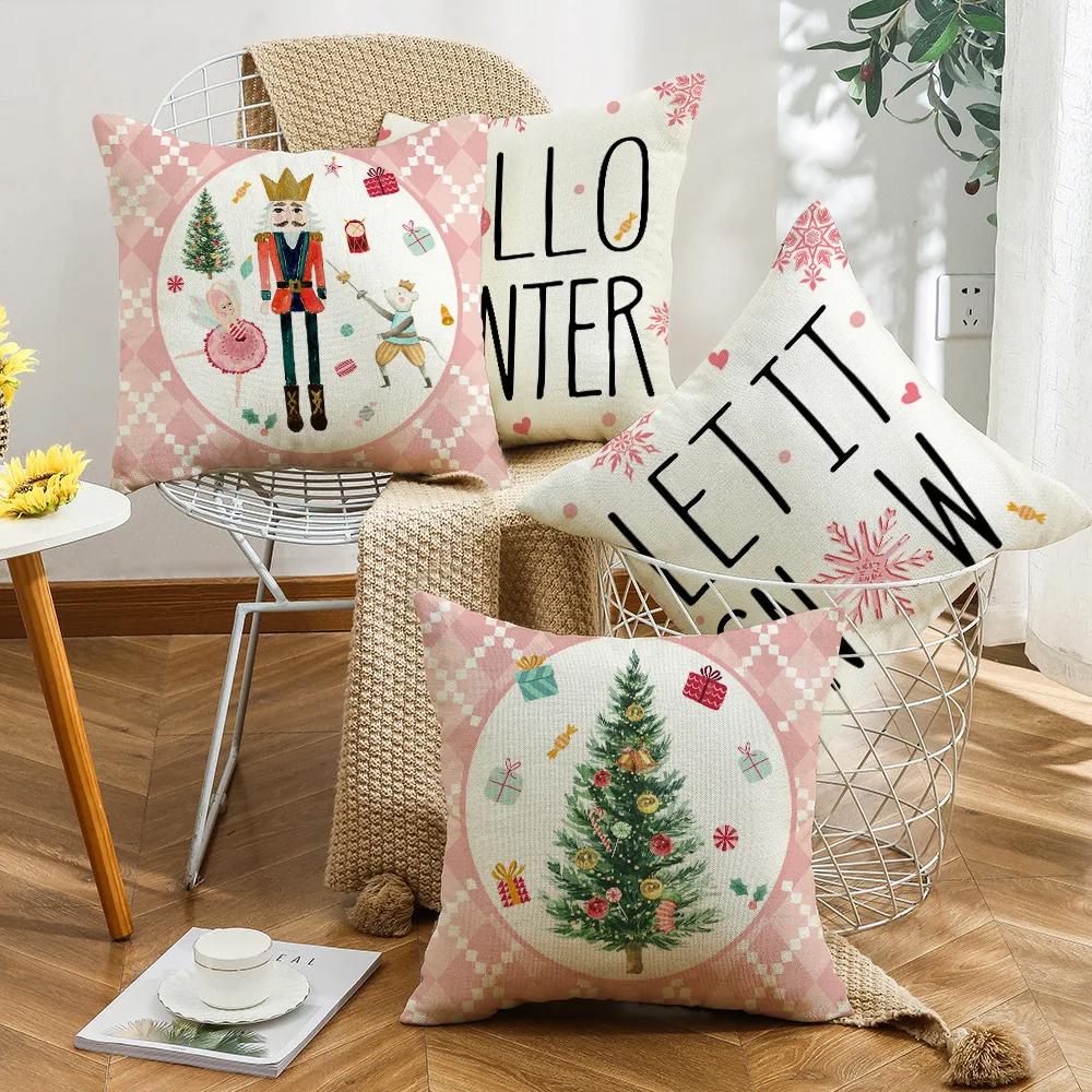 Merry Christmas Sofa Throw Pillow Case Christmas Joy Cartoon Print Linen Pillow Cover Children's Room Decorations Cushion Cover