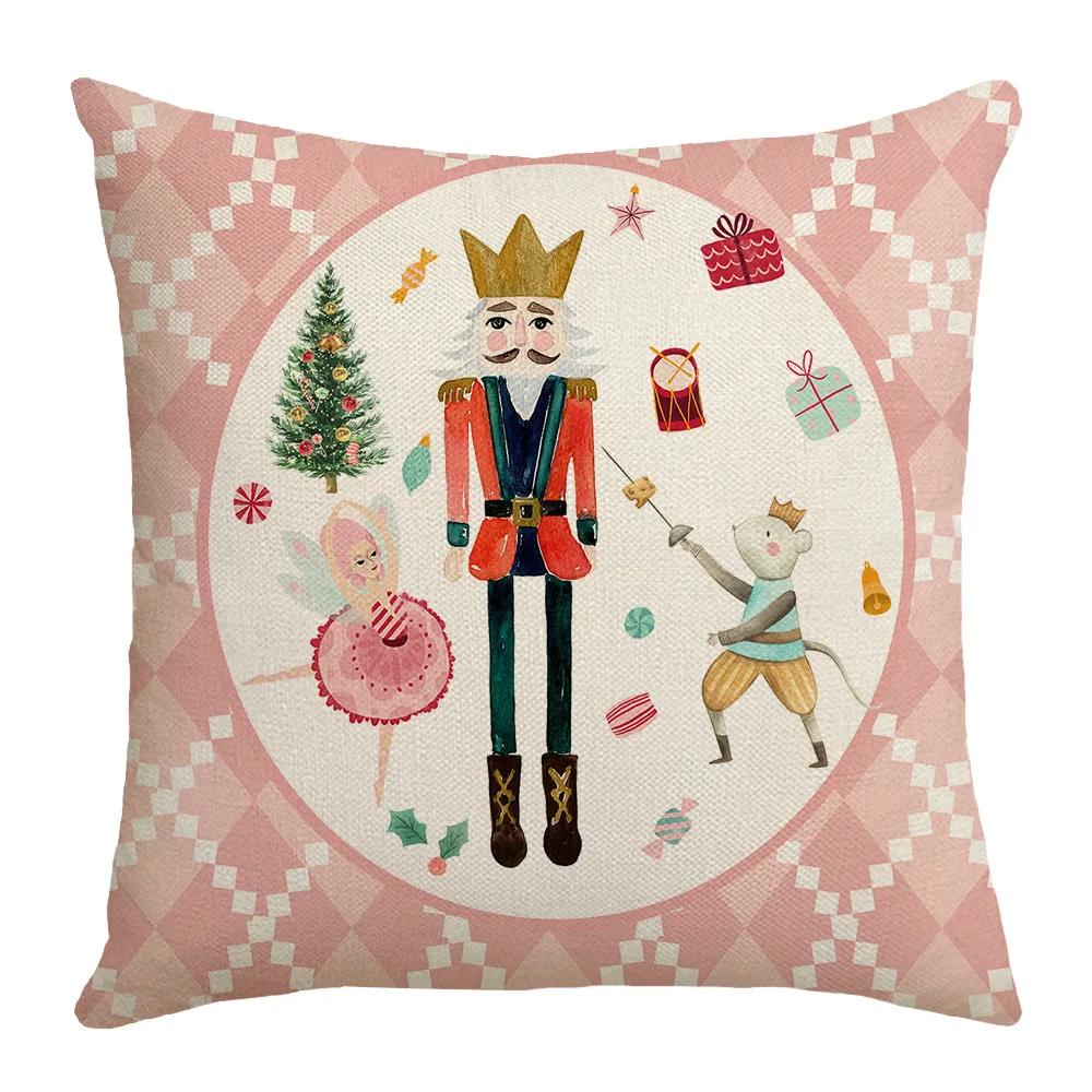 Merry Christmas Sofa Throw Pillow Case Christmas Joy Cartoon Print Linen Pillow Cover Children's Room Decorations Cushion Cover