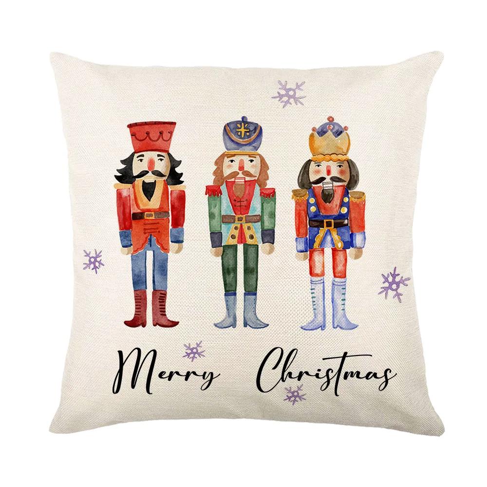 Merry Christmas Sofa Throw Pillow Case Christmas Joy Cartoon Print Linen Pillow Cover Children's Room Decorations Cushion Cover