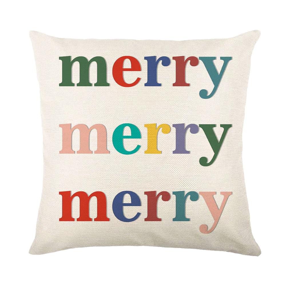 Merry Christmas Sofa Throw Pillow Case Christmas Joy Cartoon Print Linen Pillow Cover Children's Room Decorations Cushion Cover