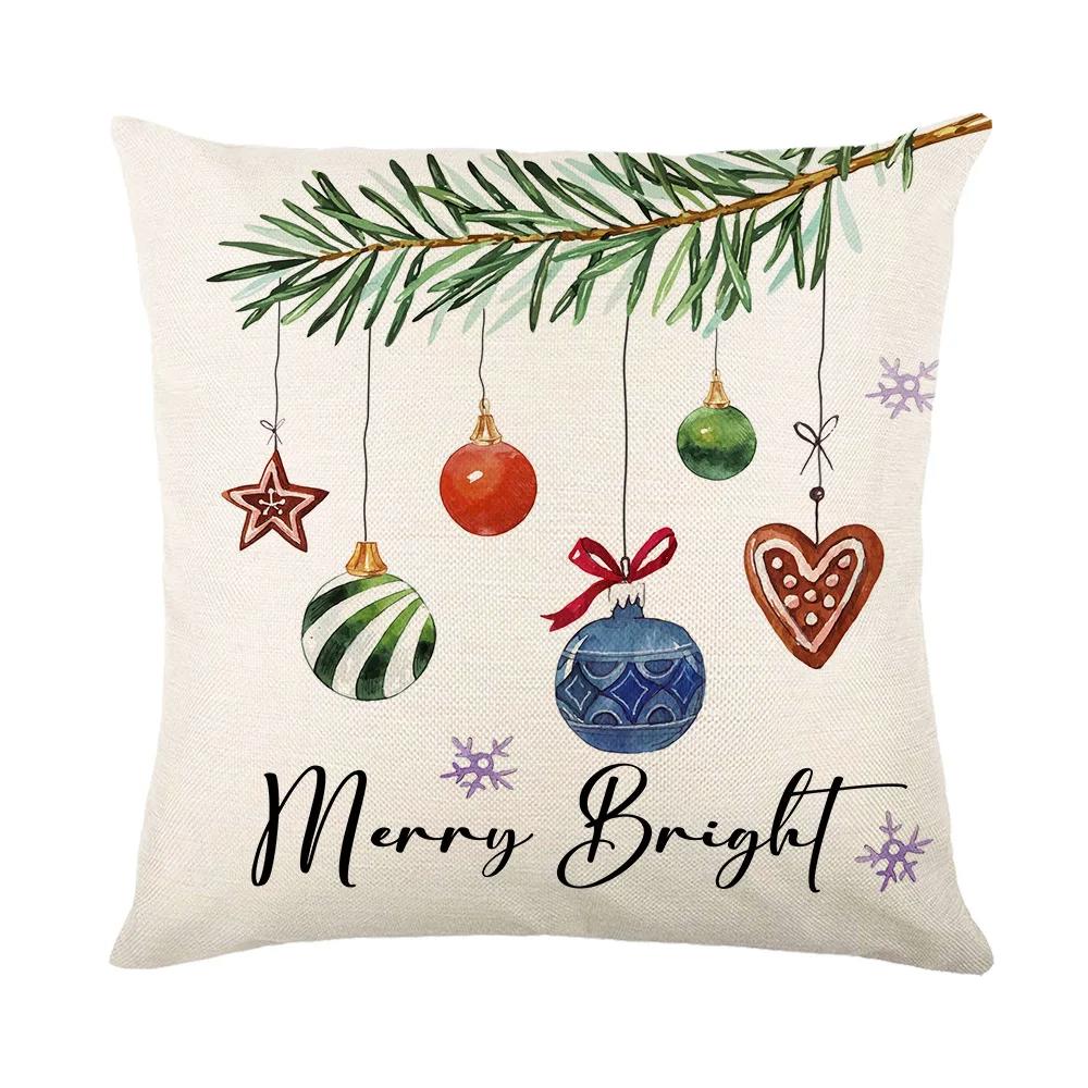 Merry Christmas Sofa Throw Pillow Case Christmas Joy Cartoon Print Linen Pillow Cover Children's Room Decorations Cushion Cover
