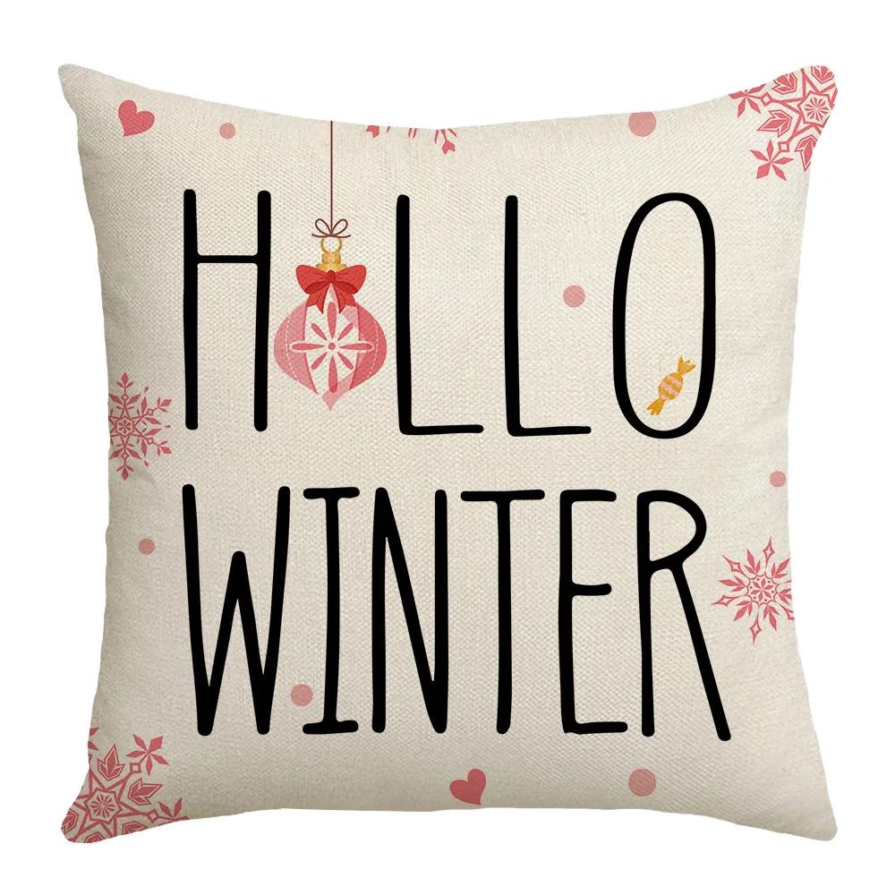 Merry Christmas Sofa Throw Pillow Case Christmas Joy Cartoon Print Linen Pillow Cover Children's Room Decorations Cushion Cover