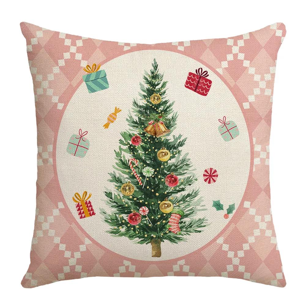 Merry Christmas Sofa Throw Pillow Case Christmas Joy Cartoon Print Linen Pillow Cover Children's Room Decorations Cushion Cover