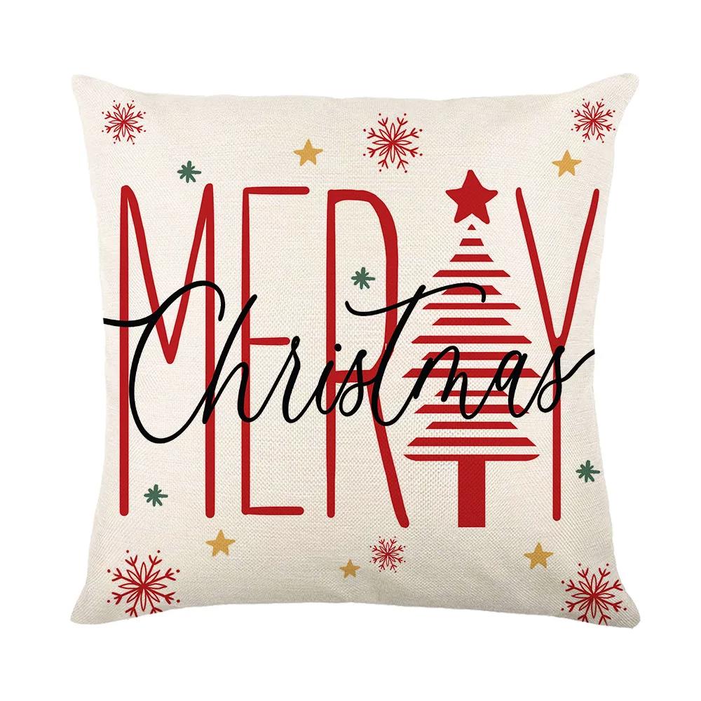 Merry Christmas Sofa Throw Pillow Case Christmas Joy Cartoon Print Linen Pillow Cover Children's Room Decorations Cushion Cover