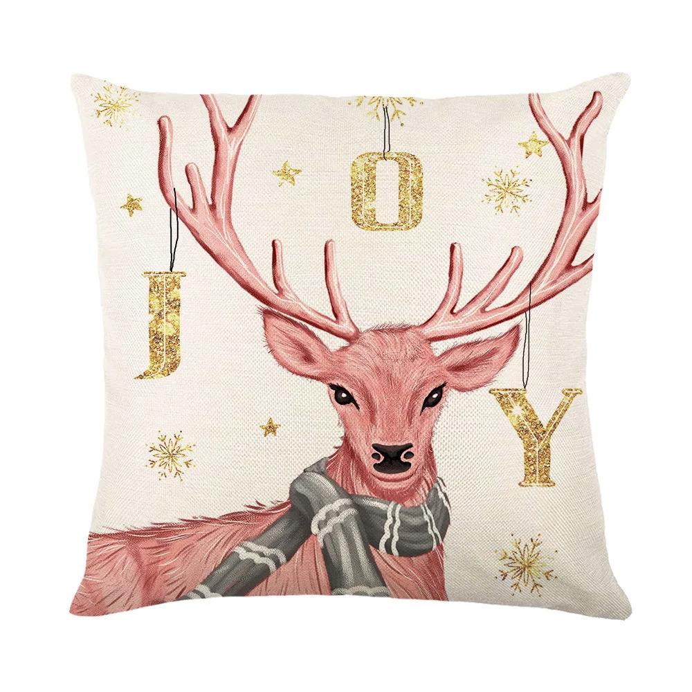 Merry Christmas Sofa Throw Pillow Case Christmas Joy Cartoon Print Linen Pillow Cover Children's Room Decorations Cushion Cover