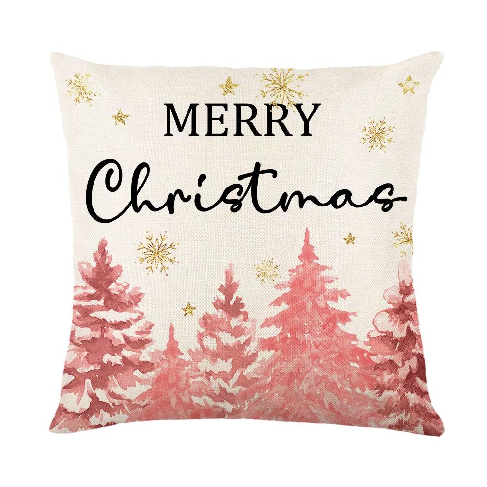Merry Christmas Sofa Throw Pillow Case Christmas Joy Cartoon Print Linen Pillow Cover Children's Room Decorations Cushion Cover