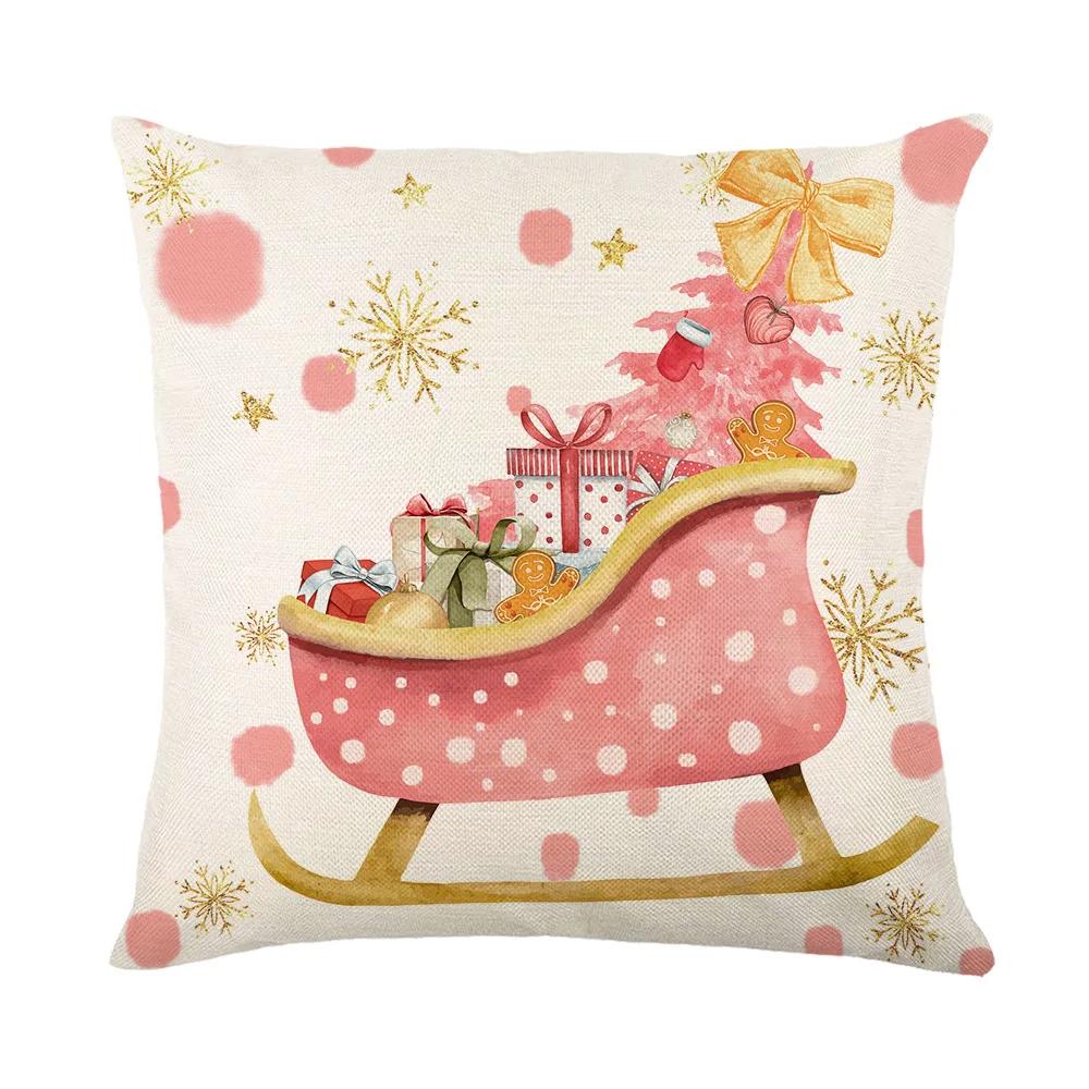 Merry Christmas Sofa Throw Pillow Case Christmas Joy Cartoon Print Linen Pillow Cover Children's Room Decorations Cushion Cover