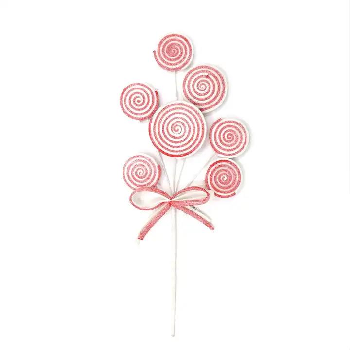 Simulated Pink Candy Stem Christmas Glitter Lollipop Branch with a Bowknot for Christmas Tree Decoration