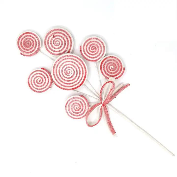 Simulated Pink Candy Stem Christmas Glitter Lollipop Branch with a Bowknot for Christmas Tree Decoration