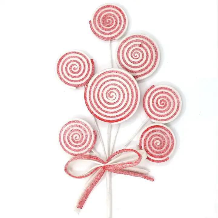 Simulated Pink Candy Stem Christmas Glitter Lollipop Branch with a Bowknot for Christmas Tree Decoration