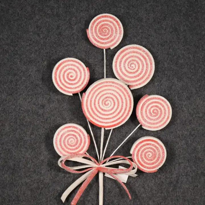 Simulated Pink Candy Stem Christmas Glitter Lollipop Branch with a Bowknot for Christmas Tree Decoration