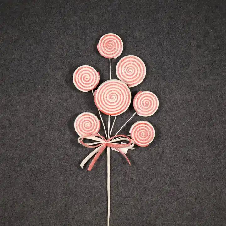 Simulated Pink Candy Stem Christmas Glitter Lollipop Branch with a Bowknot for Christmas Tree Decoration