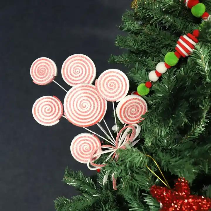 Simulated Pink Candy Stem Christmas Glitter Lollipop Branch with a Bowknot for Christmas Tree Decoration