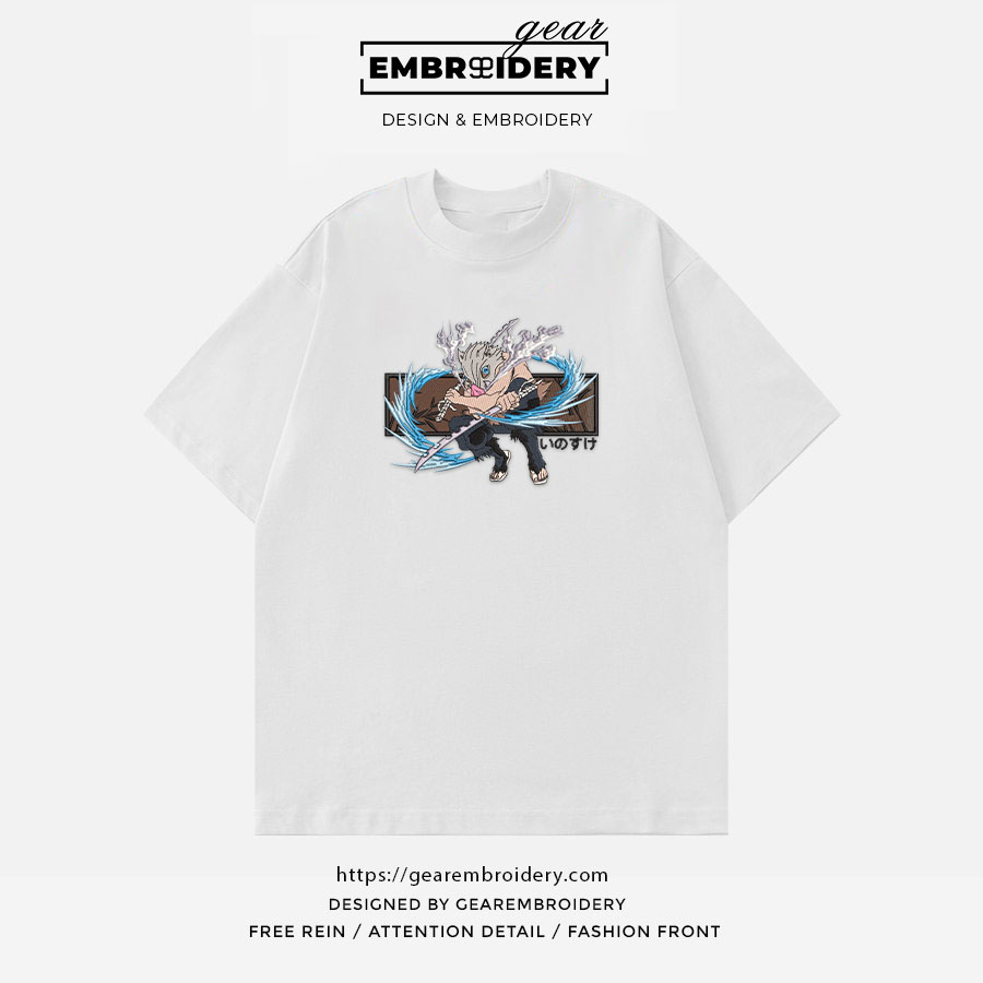 Inosuke attack Demon Slayer Anime Embroidered Design Personalized Embroidered T Shirt Sweatshirt Hoodie Clothing DS0038