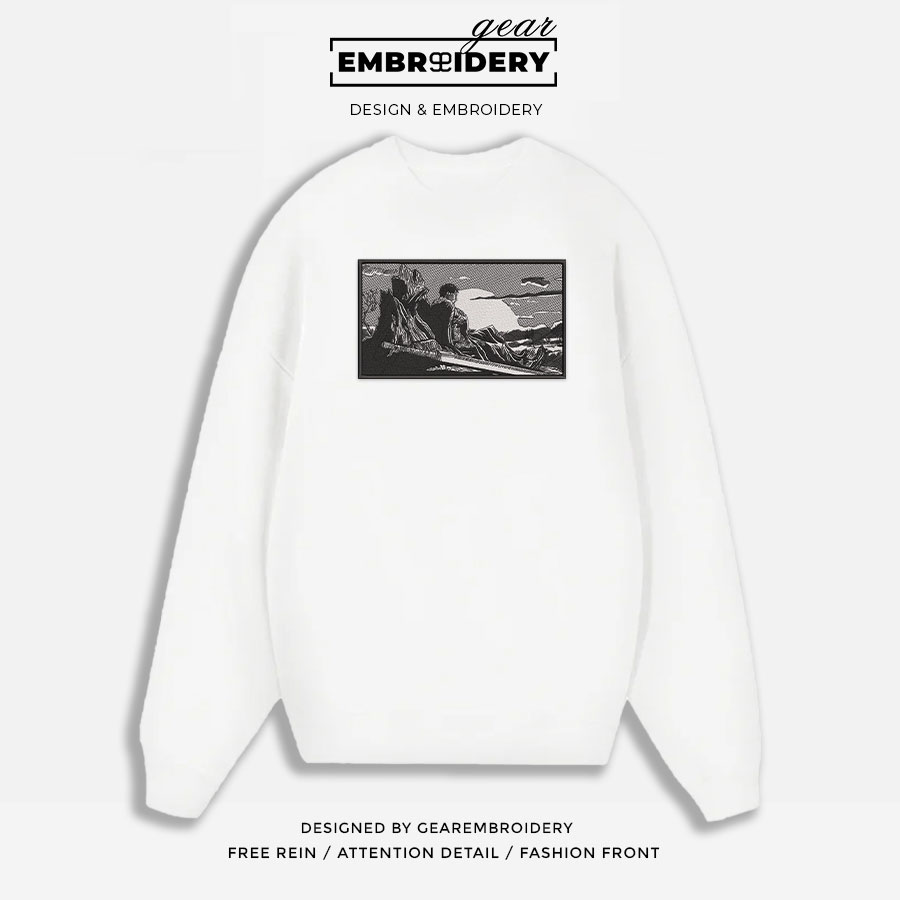 Guts sitting Berserki Anime Embroidered Design Personalized Embroidered T Shirt Sweatshirt Hoodie Clothing B028