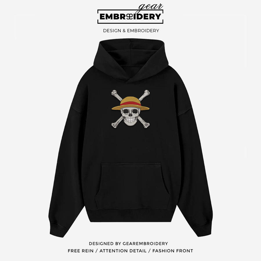 Straw hat jolly roger logo One Piece Embroidered Design Personalized Embroidered T Shirt Sweatshirt Hoodie Clothing OP0198