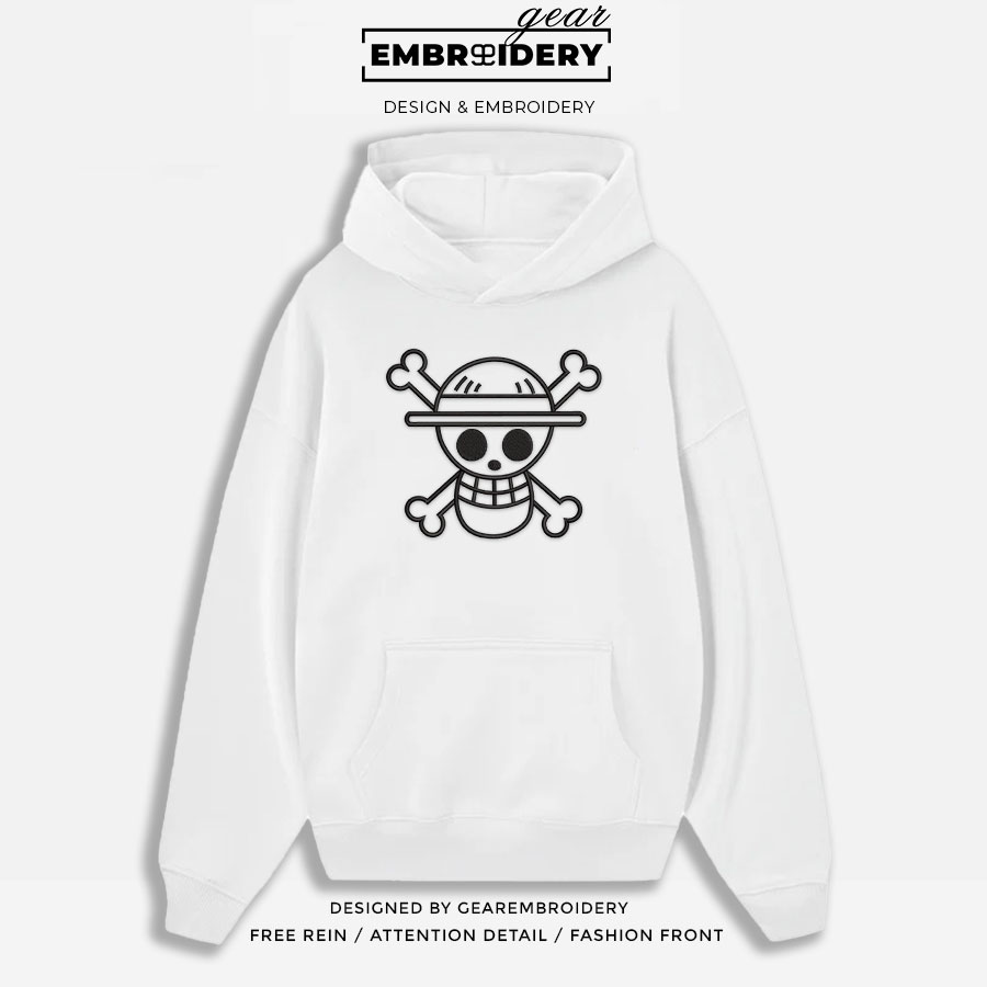 Straw hat logo black One Piece Embroidered Design Personalized Embroidered T Shirt Sweatshirt Hoodie Clothing OP0199