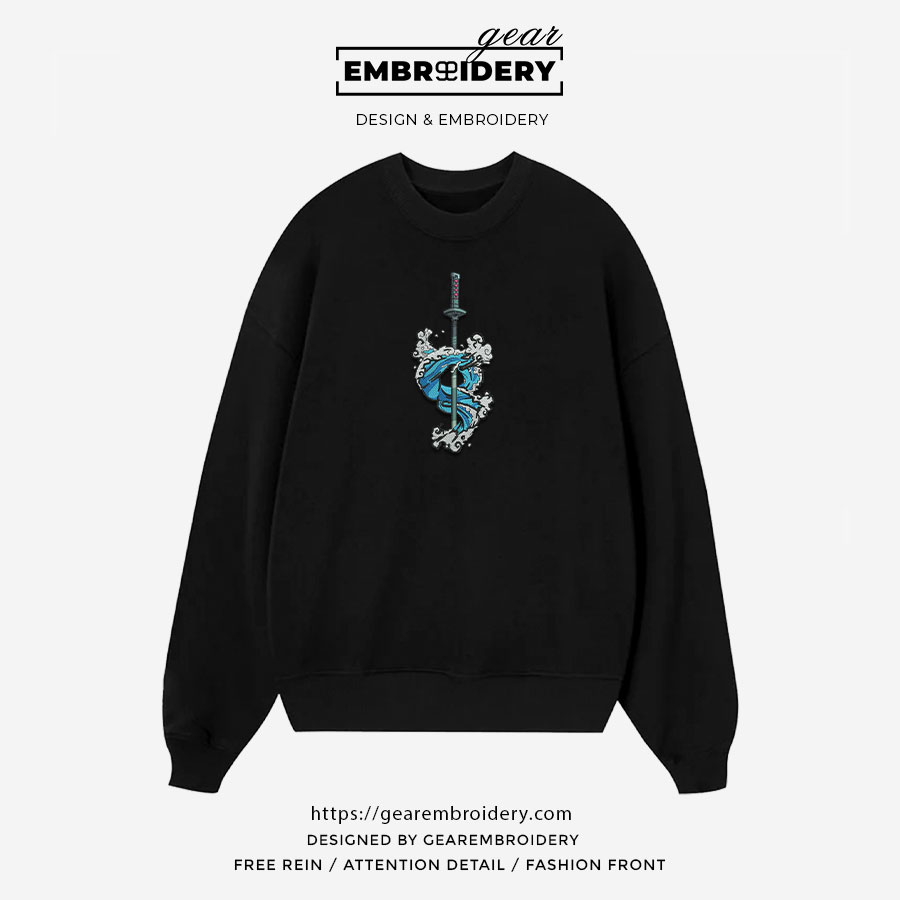 Water style sword Demon Slayer Anime Embroidered Design Personalized Embroidered T Shirt Sweatshirt Hoodie Clothing DS0156