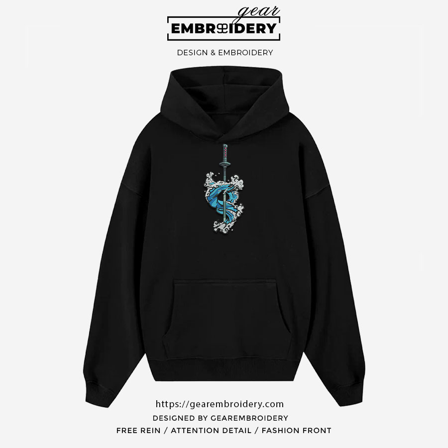Water style sword Demon Slayer Anime Embroidered Design Personalized Embroidered T Shirt Sweatshirt Hoodie Clothing DS0156