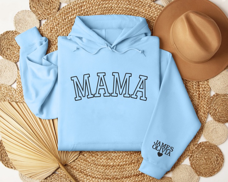 Embroidered Mama Hoodieshirt with Kid Names on Sleeve, Custom Embroidered Hoodieshirt For Mom Sweatshirt T Shirt