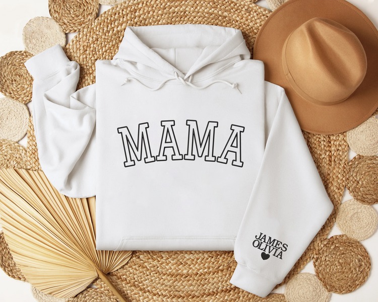 Embroidered Mama Hoodieshirt with Kid Names on Sleeve, Custom Embroidered Hoodieshirt For Mom Sweatshirt T Shirt