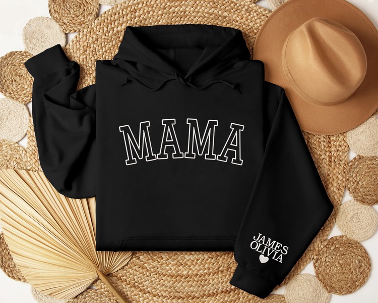 Embroidered Mama Hoodieshirt with Kid Names on Sleeve, Custom Embroidered Hoodieshirt For Mom Sweatshirt T Shirt