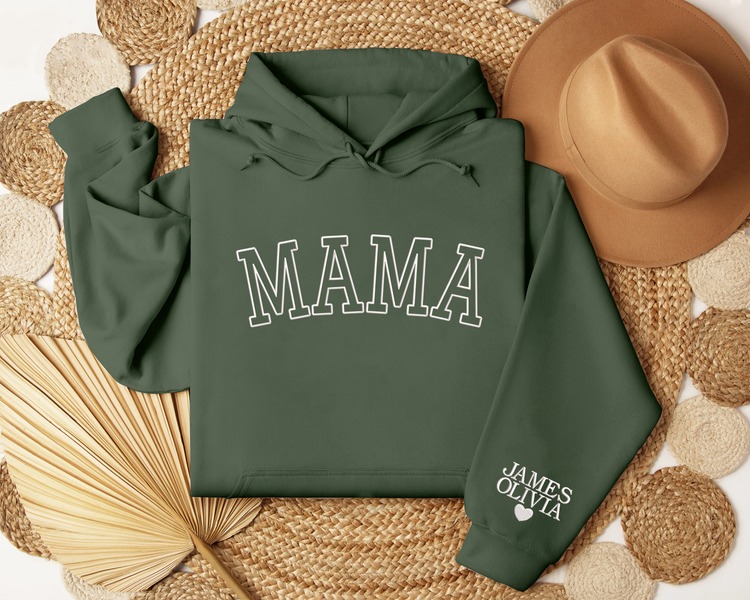 Embroidered Mama Hoodieshirt with Kid Names on Sleeve, Custom Embroidered Hoodieshirt For Mom Sweatshirt T Shirt