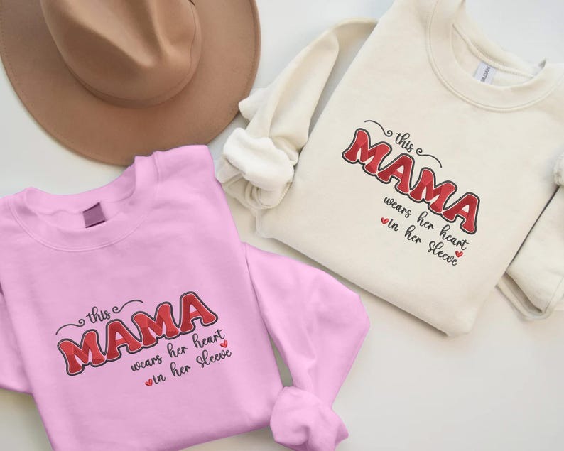 Personalised Embroidered Mama Sweatshirt, Custom This Mama Wears Her Heart on Her Sleeve Sweater, Mom Sweater with Kids Names, Gift for Mama