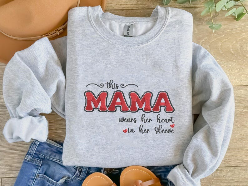 Personalised Embroidered Mama Sweatshirt, Custom This Mama Wears Her Heart on Her Sleeve Sweater, Mom Sweater with Kids Names, Gift for Mama