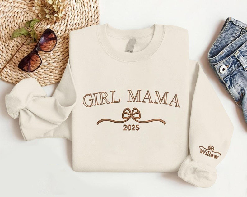 Personalised Girl Mama Embroidered Sweatshirt, Custom Mama Sweatshirt with Name on Sleeve, Mother's Day Gifts