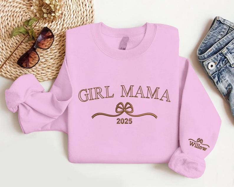 Personalised Girl Mama Embroidered Sweatshirt, Custom Mama Sweatshirt with Name on Sleeve, Mother's Day Gifts