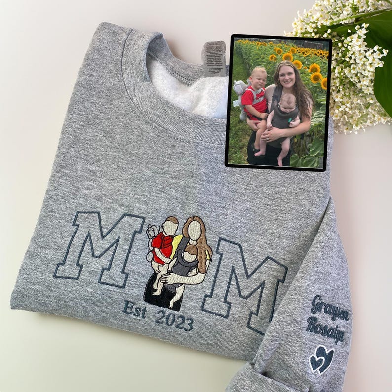 Mama Sweatshirt with Photo, Custom Embroidered Hoodie Mama and Kids Portrait, Custom Embroidery Shirt For Mom Mama Mommy