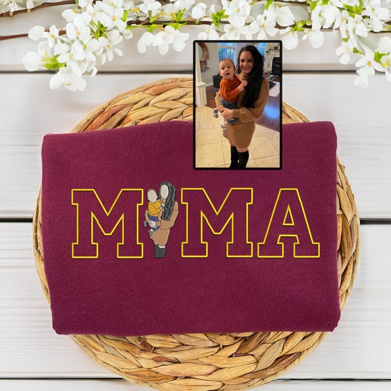 Mama Sweatshirt with Photo, Custom Embroidered Hoodie Mama and Kids Portrait, Custom Embroidery Shirt For Mom Mama Mommy