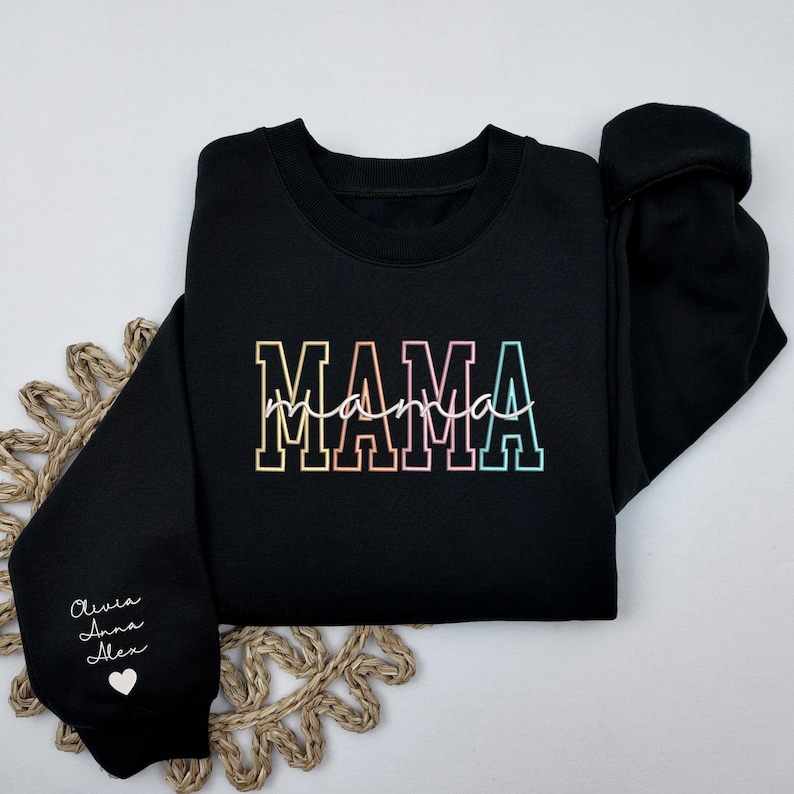 Custom Embroidered Mama Sweatshirt with Kids Name on Sleeve Gift for Mom, Mama Embroidered Shirt, Mother's Day Gift, New Mom Gift