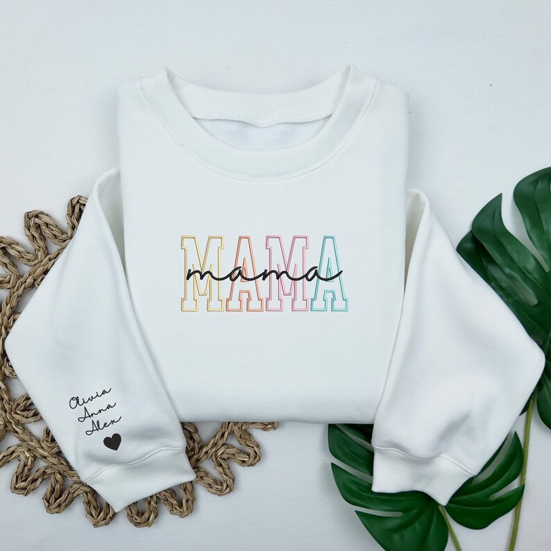 Custom Embroidered Mama Sweatshirt with Kids Name on Sleeve Gift for Mom, Mama Embroidered Shirt, Mother's Day Gift, New Mom Gift