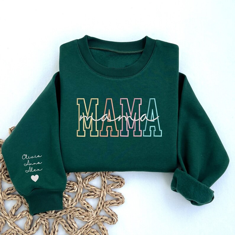 Custom Embroidered Mama Sweatshirt with Kids Name on Sleeve Gift for Mom, Mama Embroidered Shirt, Mother's Day Gift, New Mom Gift