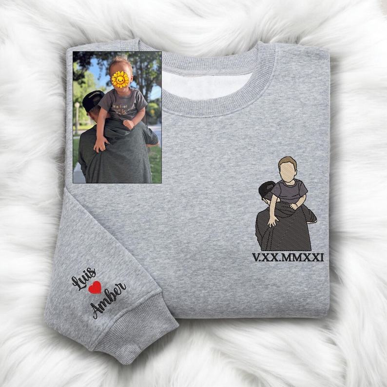 Custom Photo on Sweatshirt Embroidered Sleeve, Personalized Dad Portrait t shir, sweatshirt Hoodie from Your Photo, Funny Dad shirt, Unique Father's Day Gifts