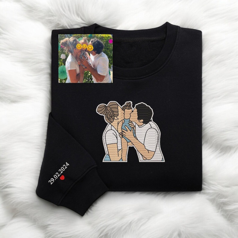 Custom Photo on Sweatshirt Embroidered Sleeve, Personalized Dad Portrait t shir, sweatshirt Hoodie from Your Photo, Funny Dad shirt, Unique Father's Day Gifts