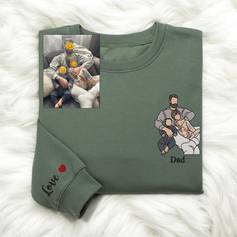 Custom Photo on Sweatshirt Embroidered Sleeve, Personalized Dad Portrait t shir, sweatshirt Hoodie from Your Photo, Funny Dad shirt, Unique Father's Day Gifts