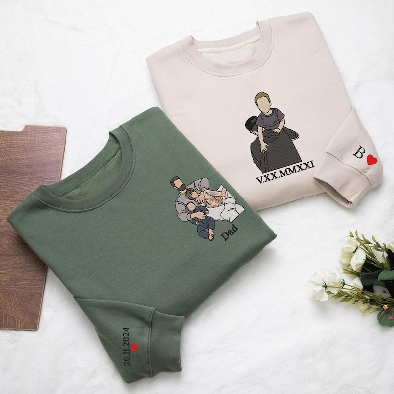 Custom Photo on Sweatshirt Embroidered Sleeve, Personalized Dad Portrait t shir, sweatshirt Hoodie from Your Photo, Funny Dad shirt, Unique Father's Day Gifts