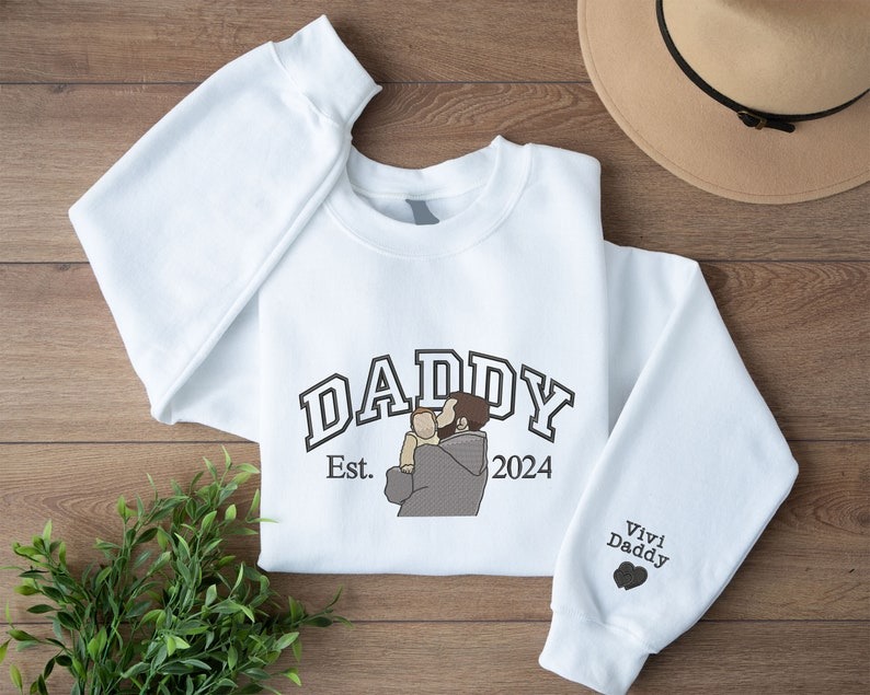 Custom Daddy Photo Sweatshirts, Embroidered Sketch from Portrait Sweater, Custom Dad Est Year with Name Jumper, Memorial Father's Day Gifts