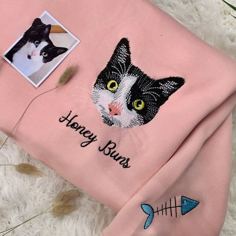 Personalized Cat Sweatshirt, Embroidered Custom Pet Face Hoodie, Embroidered Cat Mom Sweater, Cat Lover Gift, Cat Mom Gift, Gift For Mom
