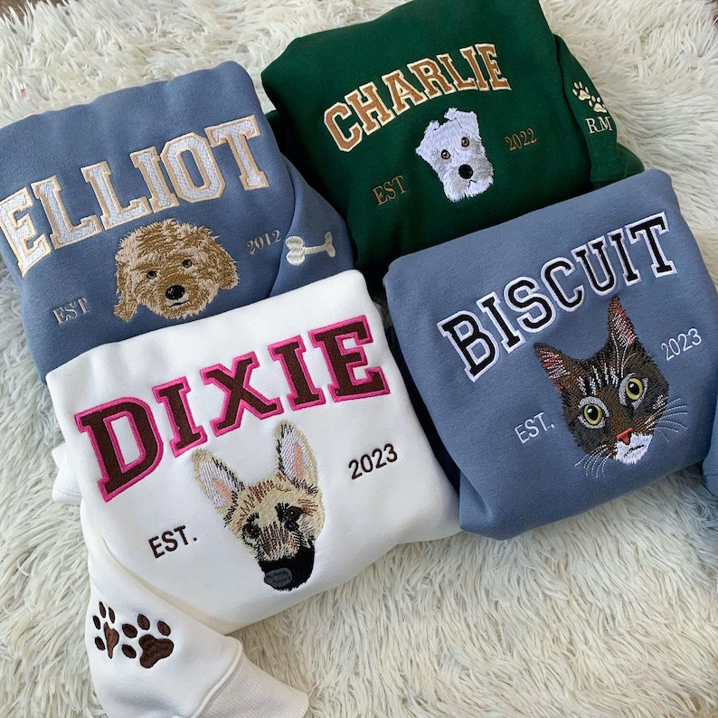 Custom Embroidered Pet Sweatshirts with Pet Photo and Name, Custom Embroidered Dog Hoodie, Embroidered Pet Portrait, Gift for Dog Dad Mom