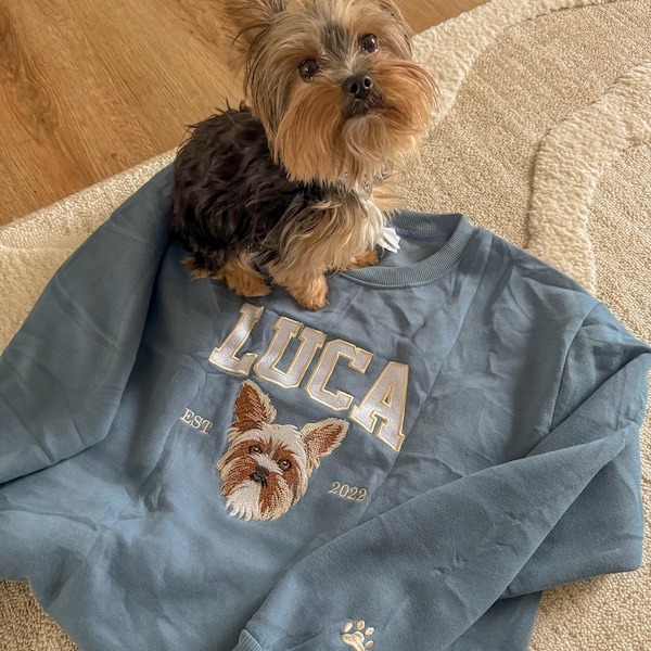 Custom Embroidered Pet Sweatshirts with Pet Photo and Name, Custom Embroidered Dog Hoodie, Embroidered Pet Portrait, Gift for Dog Dad Mom