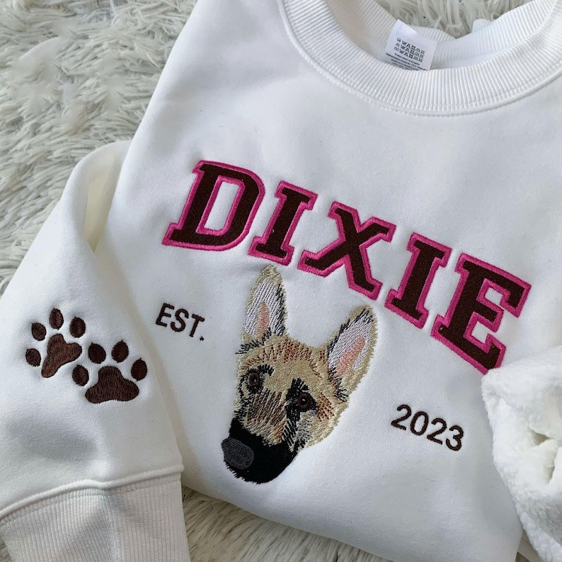 Custom Embroidered Pet Sweatshirts with Pet Photo and Name, Custom Embroidered Dog Hoodie, Embroidered Pet Portrait, Gift for Dog Dad Mom