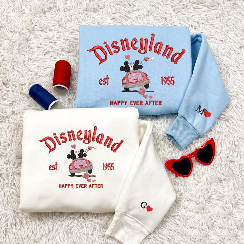 Valentine Embroidered Sweatshirt, Happy Ever After Mouse Cartoon Car Embroidered Sweatshirt, Custom Anniversary Year Shirt, Anniversary Gift
