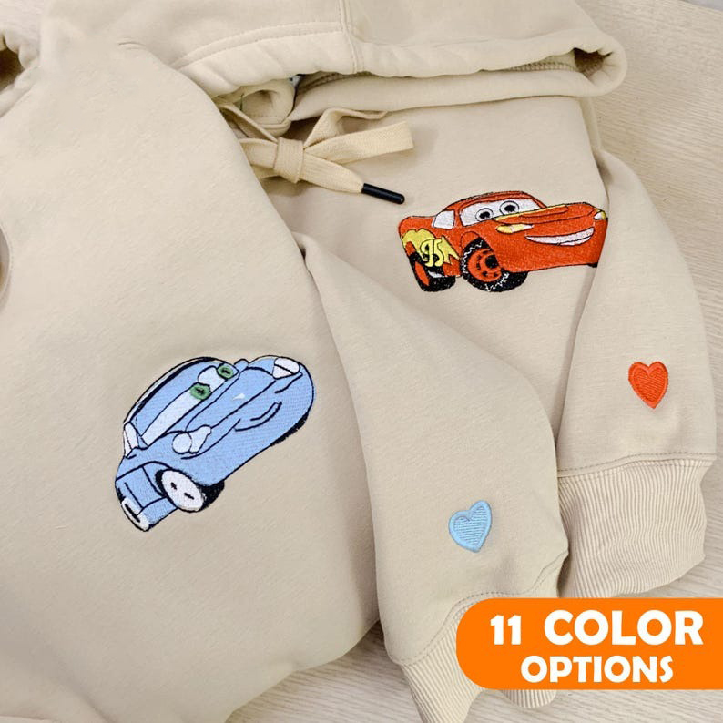 Embroidered Lovely Car Couple Characters Embroidered Sweatshirt, Couple Matching Sweater Couple Matching Clothes Gift, Valentine's Day