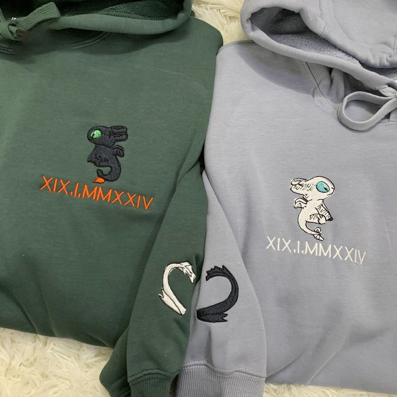 Custom Embroidered Roman Numeral Couple Sweatshirts, Embroidered Dragon Hoodies, Personalized Valentine, Anniversary, Engagement Gift