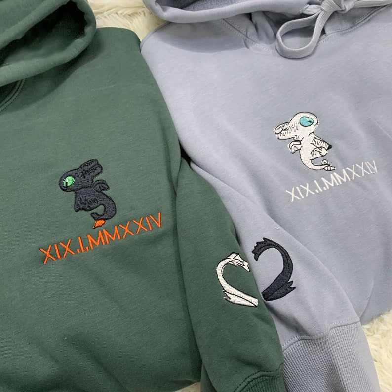 Custom Embroidered Roman Numeral Couple Sweatshirts, Embroidered Dragon Hoodies, Personalized Valentine, Anniversary, Engagement Gift